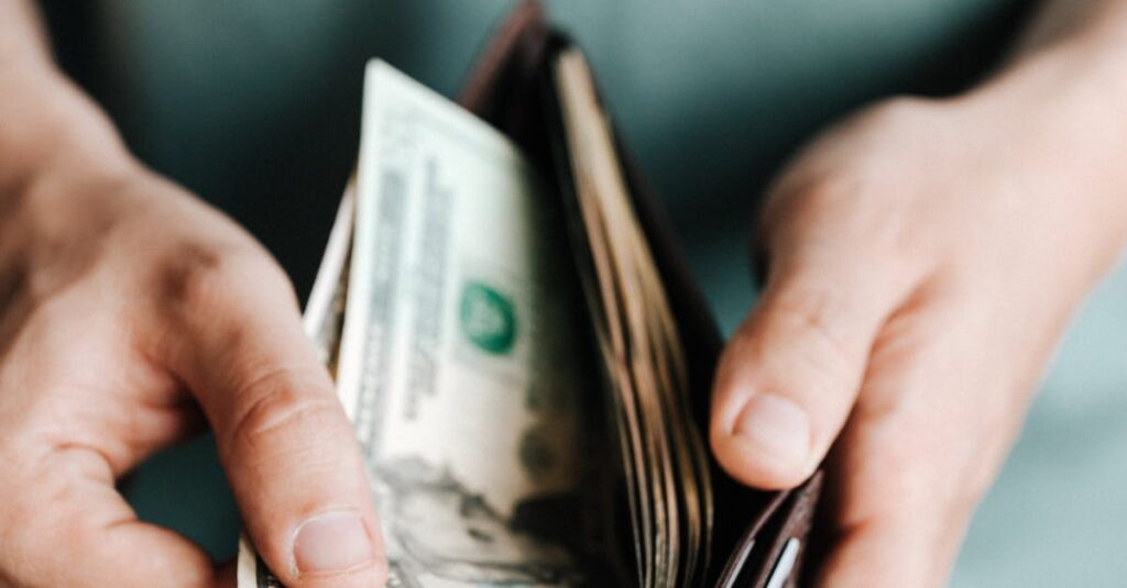 Close-up of hands holding a wallet with cash, depicting financial management.