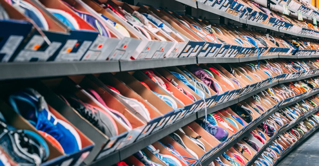 A vibrant display of various sneakers on shelves in a shoe store, showcasing styles and options.