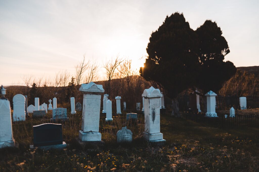 Low angle of aged graveyard with ornamental tombstones near trees and mount in autumn in evening